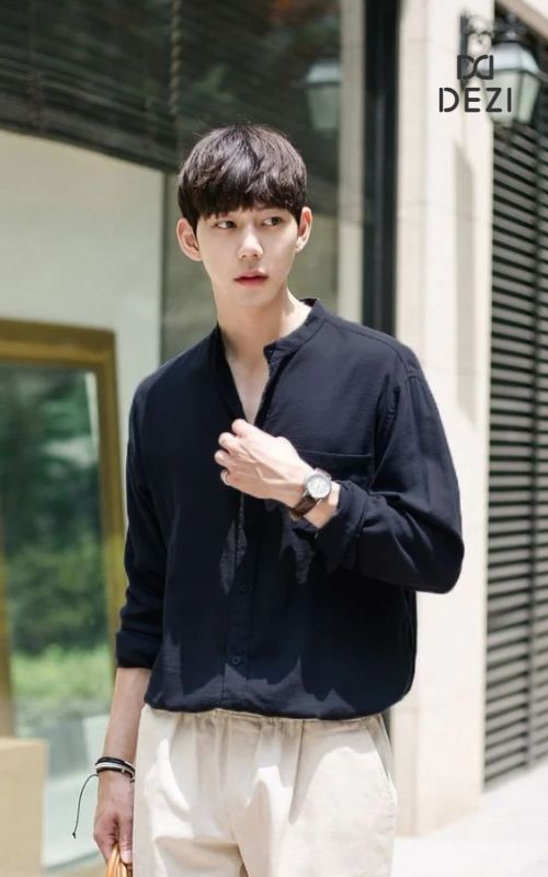 áo sơ mi không cổ nam hàn quốc